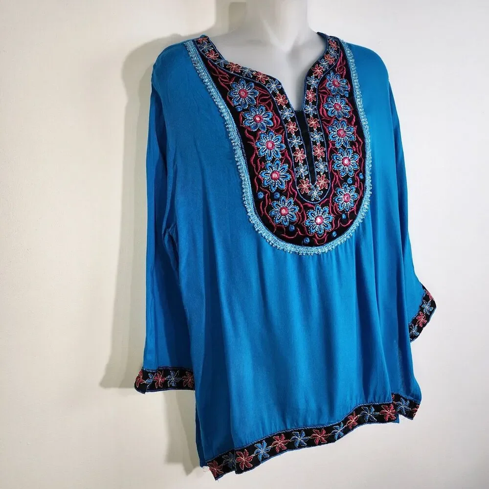 ANJLI Women's Top Size 34 Blue Black Pink Embroidered 3/4 Sleeve Blouse V Neck